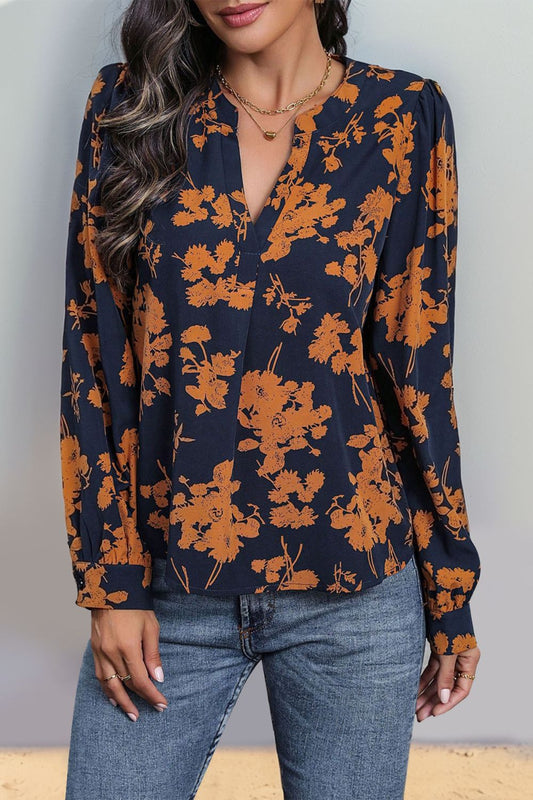 Perfee Printed Notched Long Sleeve Blouse